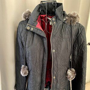 CAbi Black Faux Fur Trim Quilted Hidden Button-Down & Zip Quilted Coat Size S